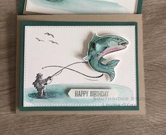 two birthday cards with fish and fisherman on them