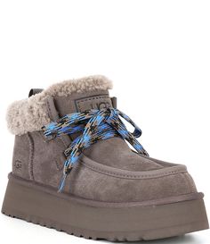 UGG Funkarra Cabin Cuff Suede Fur Collar Lace-Up Booties | Dillard's Star Shoes, Lace Up Booties, Metal Lace, Real Fur, Fashion Editor, Dillard's, Fur Collar, Fur Collars, Lifestyle Brands