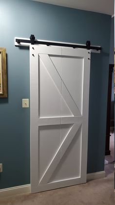 an open white barn door in a blue room