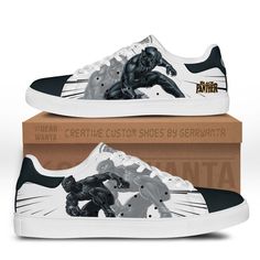 Avengers Black Panther Stan Shoes Custom-Gear Wanta Avengers Black Panther, Clean White Leather, Custom Skates, Panther Black, Cartoon Shoes, Smith Shoes, Green Heels, Expressive Fashion, Shoes Custom