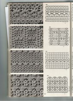 an open book with crochet designs on it's pages and two pictures of the same pattern