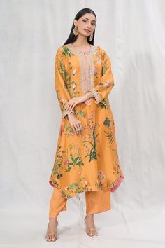 Orange straight kurta with multi colored floral prints. Comes with solid pant. - Aza Fashions Anushree Reddy, Dupion Silk, Straight Kurta, Lace Hem, Pants Pattern, Pant Set, Set For Women, Aza Fashion, Silk Printing