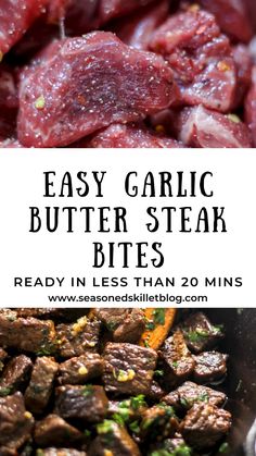 easy garlic butter steak bites recipe in less than 20 mins with text overlay