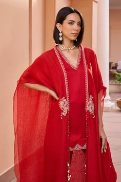 Red kurta with tilla, dori and brass beaded embroidery. Comes with pant and a cape. - Aza Fashions Satin Kurta Set, Isha Gupta, Satin Kurta, Red Kurta, Indian Wedding Wear, Kurta With Pants, Satin Color, Post Wedding, Kurta Set