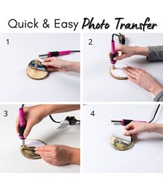 the instructions for making a photo transferer are shown in four different pictures, including one being held by a woman's hand