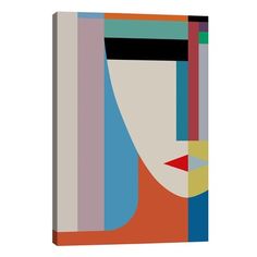 an abstract art piece with multiple colors and shapes on the front, including a woman's face