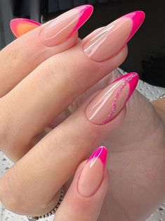 hot pink French tips with a pink glitter swirl Pink And White, I Hope, Nail Polish, Nails, Pink, Gold, White