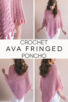 the crochet ava fringed poncho is shown in four different views