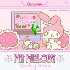 an image of hello kitty eating breakfast in front of the tv screen with strawberrys on it