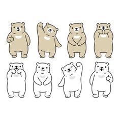 four bears are standing in different positions with their hands up and one is holding the other