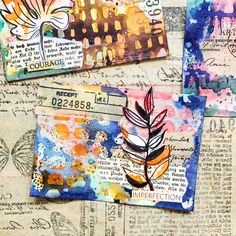 altered paper collages with flowers, leaves and words on them are featured in this image