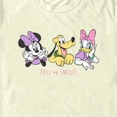 Who knew that dressing "mousey" could be so cute!? Celebrate Walt Disney's most iconic character with this officially licensed Disney Mickey Mouse and Friends Full of Smiles Men's Graphic T-Shirt. This adorable tee features Minnie Mouse, Daisy Duck, and Pluto smiling big and lying down on the front with the phrase "Full of Smiles" printed in pink lettering below. Add this vintage Disney tee to your collection for the perfect style for your next trip to Disneyland! Mickey Mouse Graphic Tee In Cotton, Cute Mickey Mouse Cotton T-shirt, Playful Pink Mickey Mouse T-shirt, Disney Cotton T-shirt With Cartoon Print, Disney Tee, Trip To Disneyland, Playful Cotton T-shirt With Minnie Mouse, Disney Tees, Daisy Duck