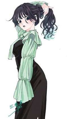 a drawing of a woman with long black hair and green scarf on her head, wearing a