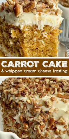 carrot cake and whipped cream cheese frosting with pecans