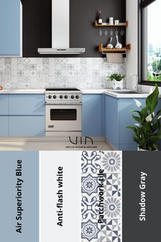 a kitchen with blue cabinets and white counter tops is featured in the color scheme for this kitchen