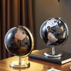 two globes sitting on top of a wooden desk