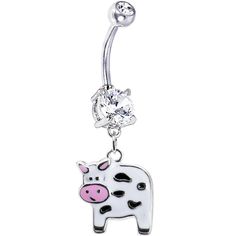 a white and black cow belly ring with a pink nose