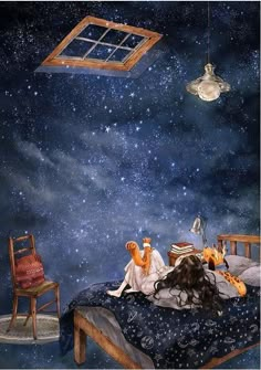 an image of two people sitting in bed under the stars