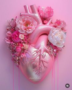 a pink heart with flowers and leaves on it