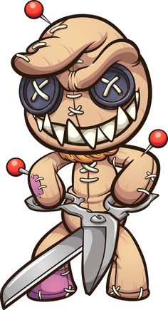 a cartoon character holding a knife with teeth