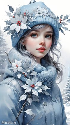 a painting of a girl wearing a blue coat and hat with flowers in her hair