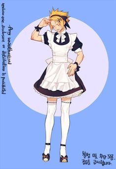 an anime character with short hair wearing a white dress and black shoes, standing in front of a blue background