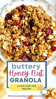 a glass bowl filled with granola on top of a table