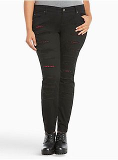 <div>These black wash skinny jeans have been ripped, repaired, and destroyed all over for a punk rock vibe. With a red plaid underlay peeking out from the rips, the look has total London-calling vibes. The skinny-mini fit from thigh to ankle is totally leg lengthening, not to mention the fitted stretch denim will give your backside a lift and the ankle has a bit of wiggle room.</div><div><ul><li style="LIST-STYLE-POSITION: outside !important; LIST-STYLE-TYPE: disc !important">Mid-rise</li><l... Women's Plus Size Jeans, Battle Jacket, A Punk, Plus Size Jeans, Jeans Black, Winter Wear, Red Plaid, Punk Rock, Ripped Jeans