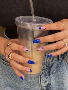 2 Tone Blue Nails, Blue Nails Short Summer, Grecian Blue Nails, Blue Mediterranean Nails, Cobalt Blue Nail Art, Greece Blue Nails, Electric Blue Nail Art, Blue Pink Nails Design, Nails 2023 Trends Blue