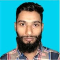 an image of a man with a beard and blue shirt in front of a blue background