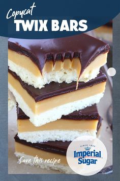 chocolate and caramel tiwi bars stacked on top of each other with text overlay that reads, compact twin bars save this recipe