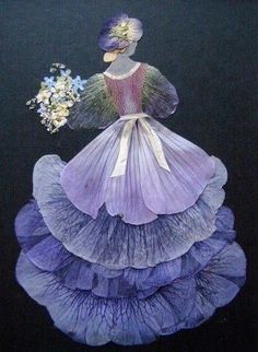 a painting of a woman in a purple dress with flowers on her head and hands