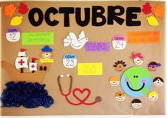 a bulletin board with various items on it and the words octubre written in spanish