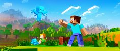 an image of some people playing in the minecraft video game with blue and green colors