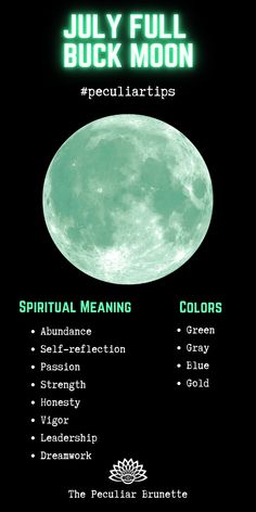 the full moon is shown in green and black, with text below it that reads july full