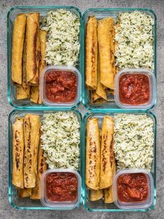 six plastic containers filled with different types of food