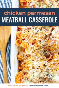 chicken parmesan meatball casserole in a white dish with cheese on top