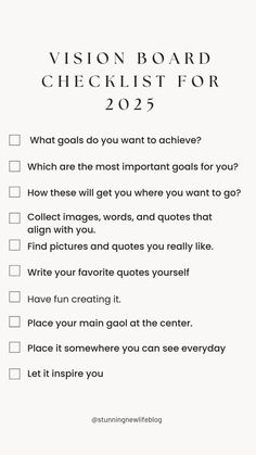 a checklist with the words vision board checklist for 2012 - 2013 on it