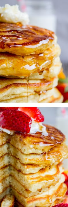 pancakes are stacked on top of each other with strawberries