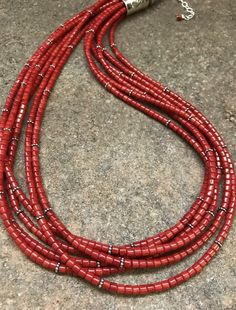 Sterling Silver Multi Strand Red Bamboo Coral Bead Necklace. 22 inch Red Rondelle Spacer Beads Jewelry, Elegant Red Rondelle Beads, Red Rondelle Jewelry With Large Beads, Red Rondelle Beaded Jewelry, Handmade Red Rondelle Jewelry, Elegant Hand-strung Red Beaded Necklaces, Elegant Red Hand-strung Beaded Necklaces, Red Rondelle Jewelry With Polished Beads, Red Polished Beads Round Jewelry