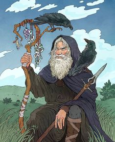 an old man sitting in the grass with two crows on his shoulder and one crow perched on top of him