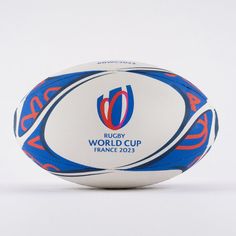 a rugby ball with the world cup logo on it is photographed against a white background