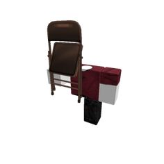 a brown chair with a red table cloth on it's back and seat cover