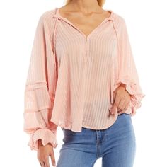 Brand-New With Tag Size Xsmall Color Strawberry Smoothie Textured Sheer Woven Fabrication Notch Neckline With Tie Details Exaggerated Puff Sleeves Curved Hemline Pullover Construction Approx. 25" Length Rayon/Nylon Hand Wash Imported. Smoke Free And Pet Free Home #Freepeople #Blouse Feminine Long Sleeve Beach Blouse, Feminine Long Sleeve Top For Beach, Feminine Long Sleeve Beach Top, V-neck Peasant Top For The Beach, Feminine Long Sleeve Blouse For Vacation, Feminine Tops For Brunch, Dolman Sleeve Shirt, Floral Turtleneck, Lace Sleeve Top