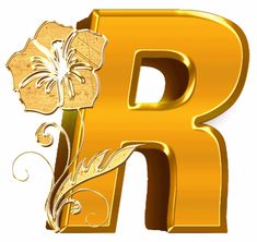 the letter r is made up of gold flowers and leaves on it's side