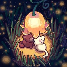 two cats are sitting in the grass under an orange light on a night sky with stars