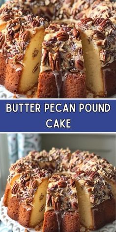 two pictures of a cake with pecan toppings