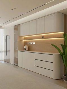 an empty kitchen with white cabinets and lights on the wall next to a potted plant