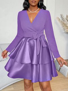 Women's Solid Color V-Neck Layered Wrap Bow Front Long Sleeve Pleated Hem Short  Dress Purple Elegant  Long Sleeve Woven Fabric Plain A Line Non-Stretch  Women Clothing, size features are:Bust: ,Length: ,Sleeve Length: Purple Knee Length Dress, Tie For Women, Christmas Party Outfits, Party Clothes, Purple Shirt, Short Dresses Casual, Lilac Color, Dress Purple, Long Sleeve Casual