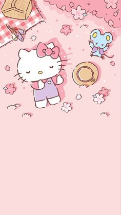 the hello kitty wallpaper is pink and has an image of a cat on it